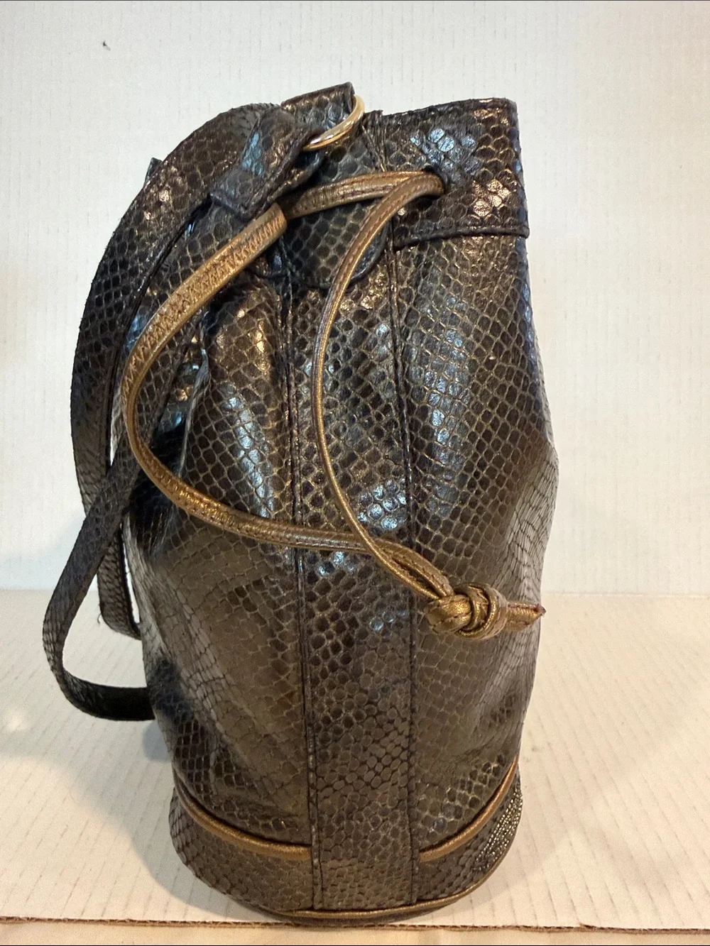 Sharif Black  & Bronze Textured Drawstring Vintage Bucket Crossbody Bag
